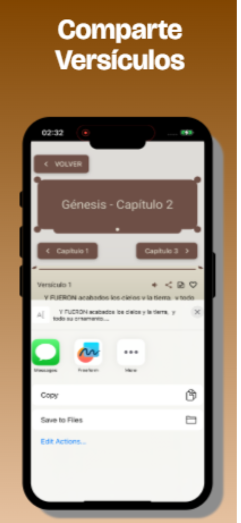 Santa Biblia + Audio - Interface of the Santa Biblia app showing a Bible verse from Genesis and the share menu on an iPhone.