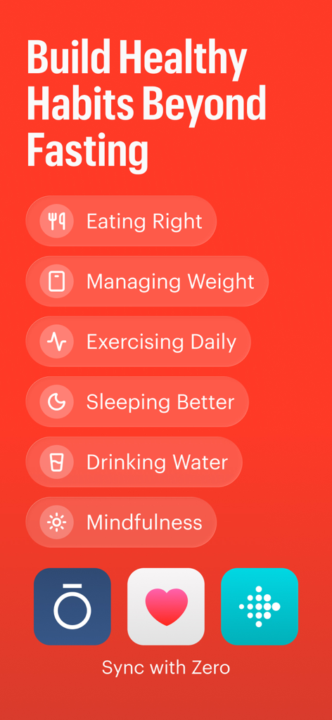 Zero: Fasting & Food Tracker - Una pantalla roja de la aplicación Zero que enumera hábitos saludables como comer bien y dormir mejor con opciones para sincronizar con otras aplicaciones de salud.