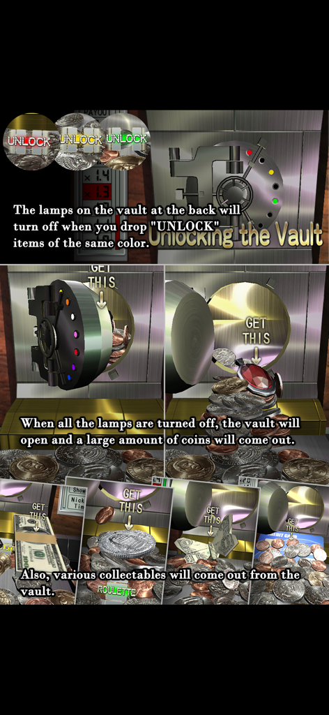Gameplay screenshots showing how to unlock the vault for coins and rare collectibles