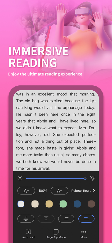 MyNovel-Werewolf,Vampire - MyNovel app display showing an immersive reading experience with customizable text settings and background colors.