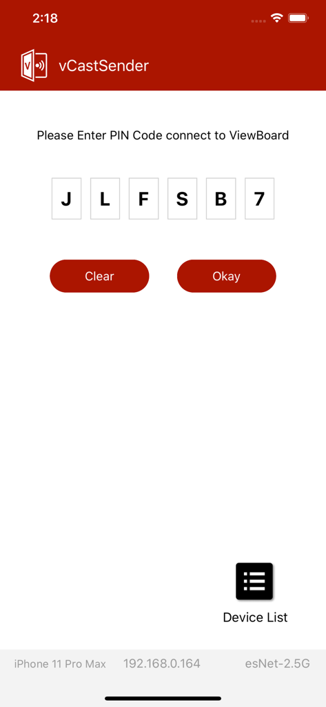 vCastSender app PIN code entry screen for ViewBoard connection