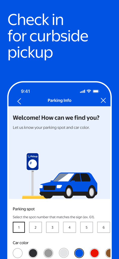 Walmart app screen showing curbside pickup check in with parking spot and car color options