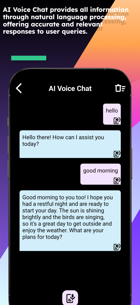 AI voice chat feature in the English Oromo Translator app showing a conversational interface with text messages.