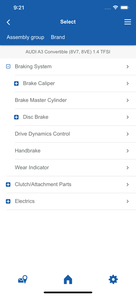 ATE Catalogue - Auswahlmenü für Baugruppen in der ATE Katalog-App für einen Audi A3