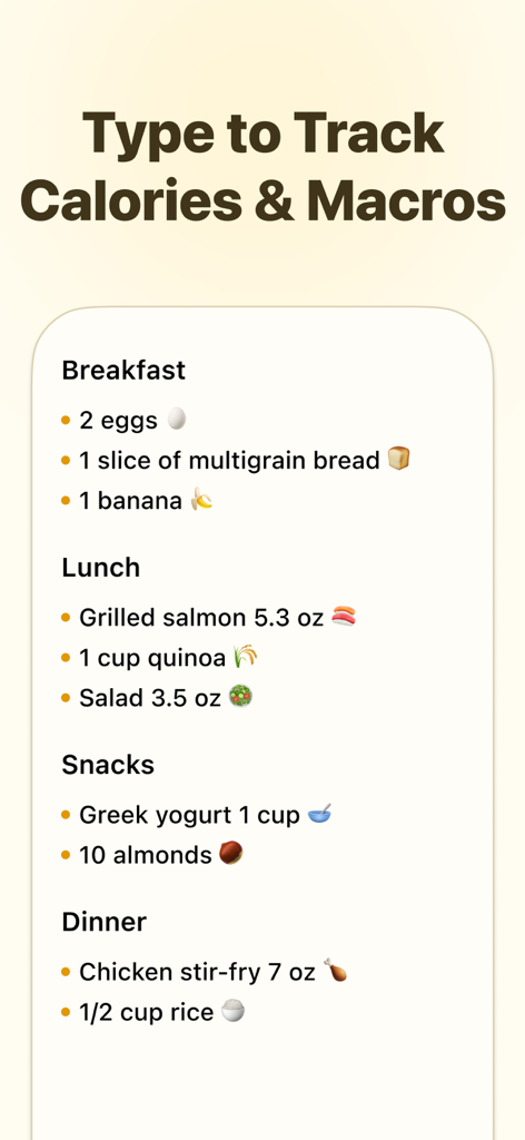 Interface de l'application Fitia affichant un journal alimentaire quotidien avec petit-déjeuner, déjeuner et dîner pour suivre les calories et les macros en tapant