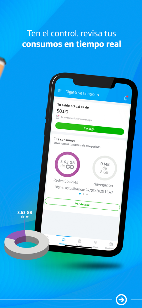 Movistar MX app interface showing real time data consumption and account balance