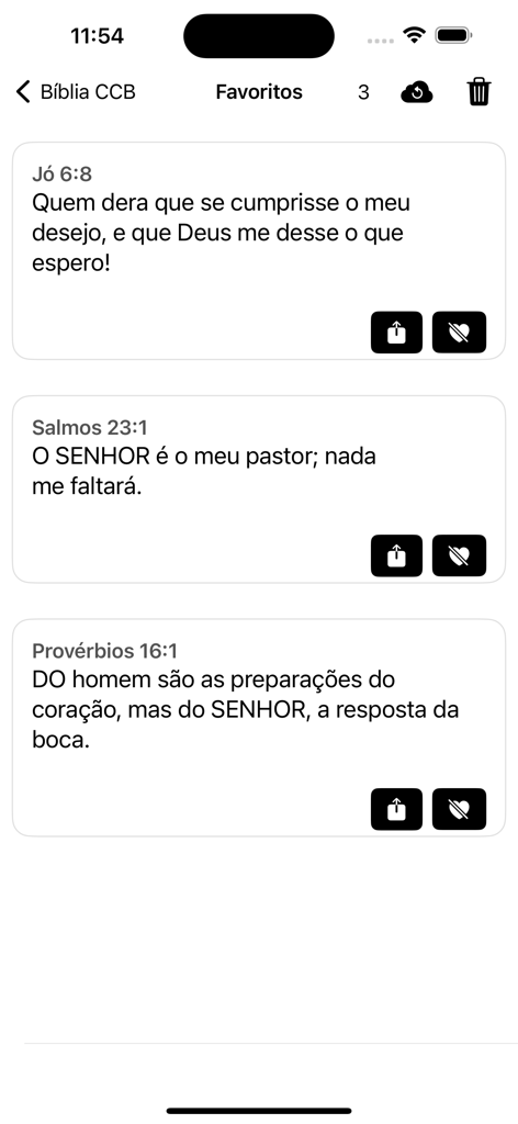 Biblia CCB - A tela de favoritos do aplicativo Biblia CCB mostrando uma lista de versículos bíblicos salvos em português com opções de compartilhamento