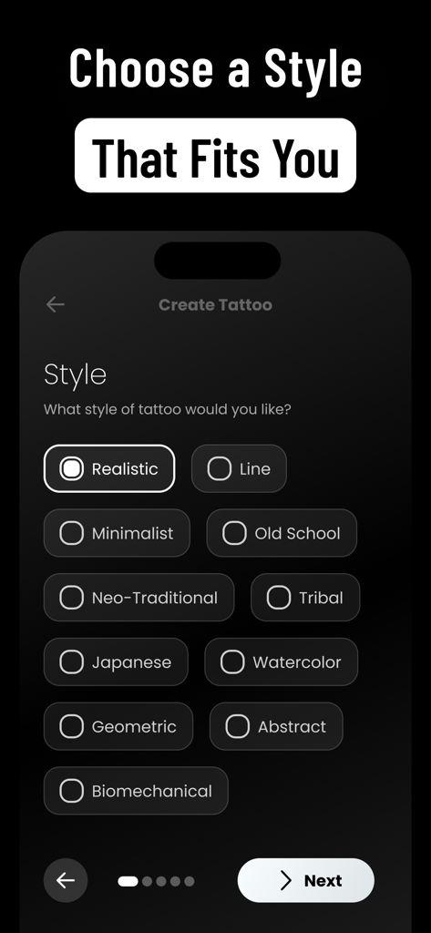 Tattoo AI Design Creator: Traz - Trazアプリのユーザーインターフェースで、ミニマリストやリアリスティックなどのAIタトゥースタイルを選択。