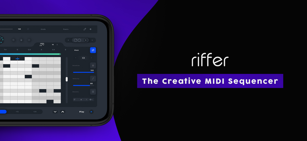 Riffer creative MIDI sequencer app interface shown on a smartphone with a dark background and purple text.