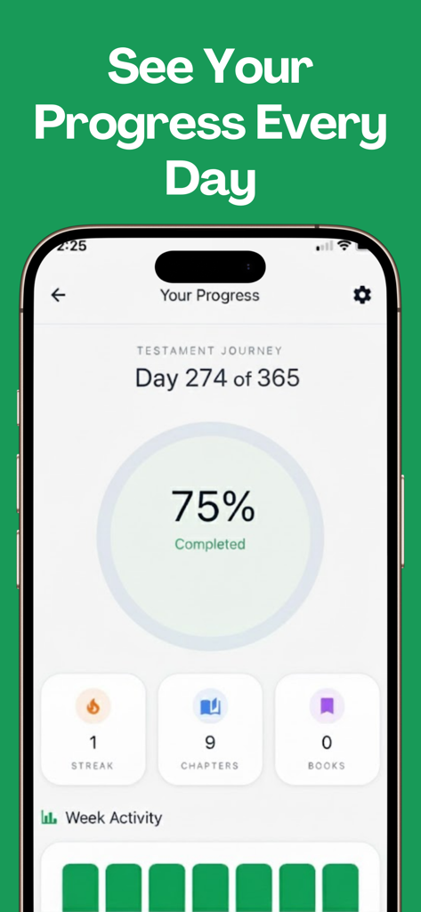 The Bible in a Year – 365 Plan - A mobile screen showing 75 percent progress on a 365 day bible reading plan with daily streaks and activity stats