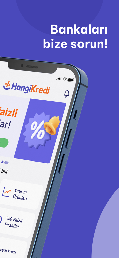 터키어로 대출 및 투자 옵션이 있는 HangiKredi 앱을 보여주는 스마트폰 화면