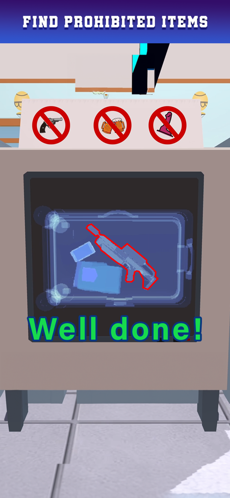 Airport Security Fly Safe의 게임 플레이는 X-레이 스캔이 가방에서 금지된 무기를 발견하는 것을 보여줍니다.