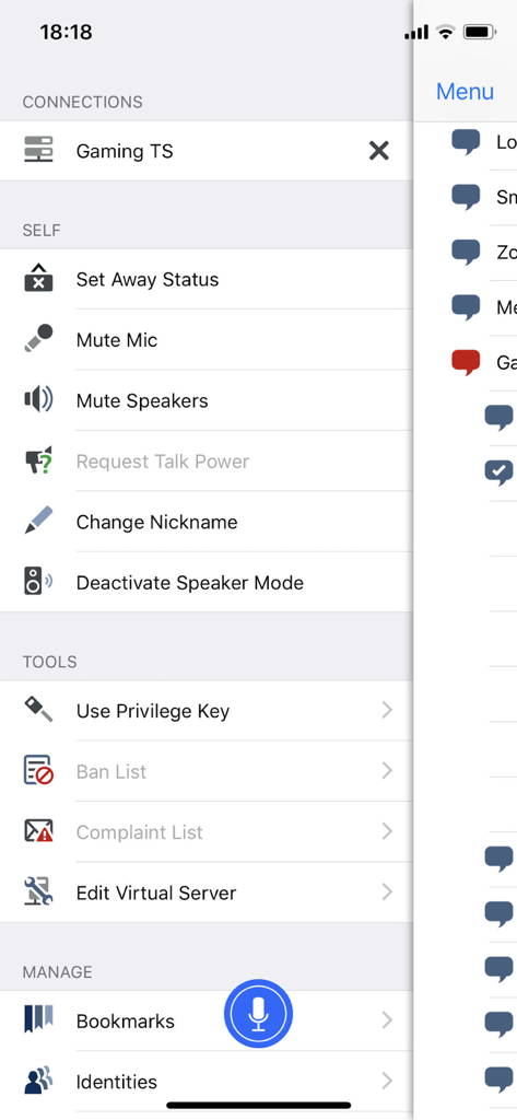 TeamSpeak 3モバイルインターフェース。サーバー設定のセルフ管理と管理ツールが表示されています。