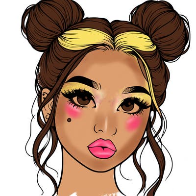 realistic girl with two buns on her hair and lips
