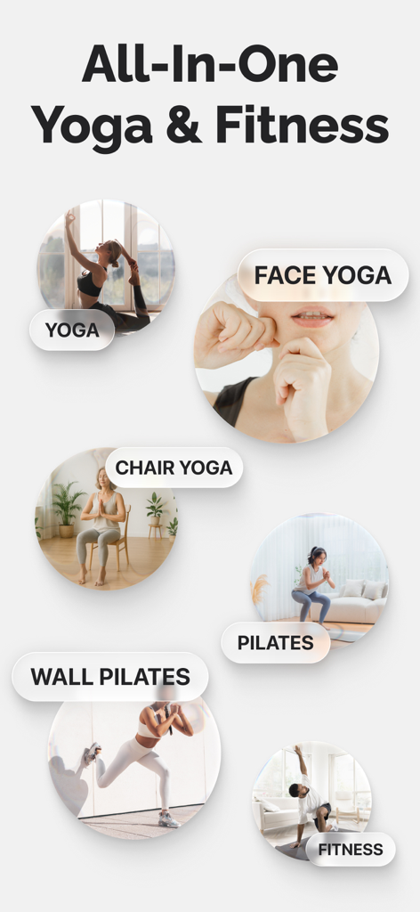 Lotus Flow - Yoga & Workout - Lotus Flow app categories including Yoga, Face Yoga, Chair Yoga, Pilates, and Fitness.
