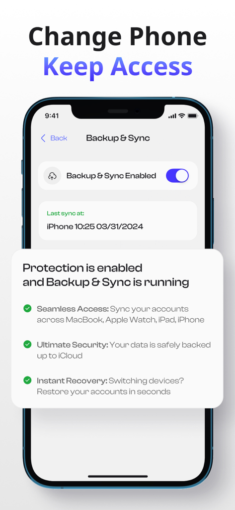 Oberfläche der Authenticator-App, die die aktivierte Backup- und Synchronisierungsfunktion zur Kontowiederherstellung anzeigt.