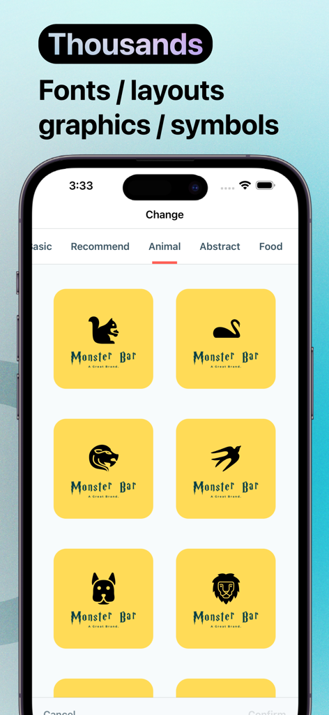 Interfaz de la aplicación Logo Maker SOS que muestra plantillas de logos con temática de animales y gráficos de diseño.