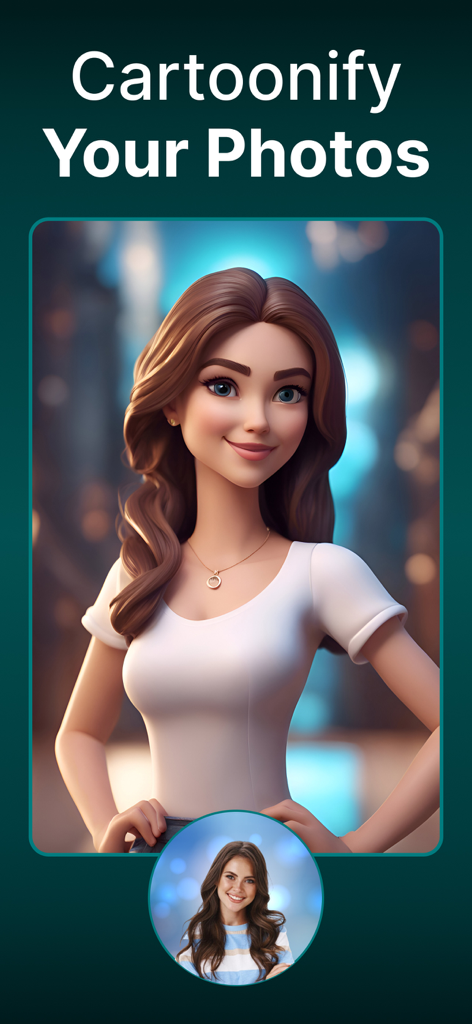 Imagine - AI Art Generator - A mobile app screenshot showing a real portrait photo transformed into a 3D cartoon style illustration using AI.