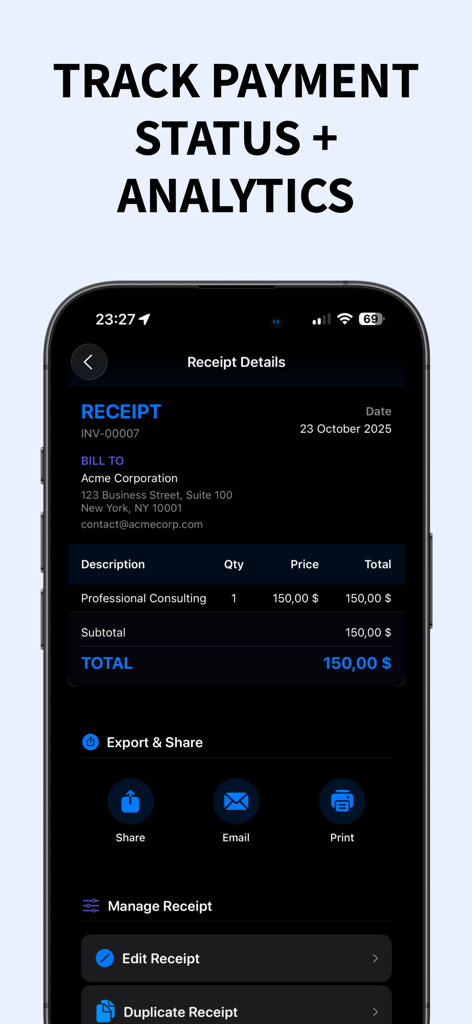 Pantalla móvil que muestra los detalles del recibo y las opciones de exportación como correo electrónico e impresión en la aplicación 2Go