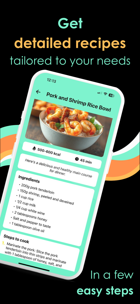 smartchef - Mobile app interface showing a detailed pork and shrimp rice bowl recipe with calorie information and cooking steps.