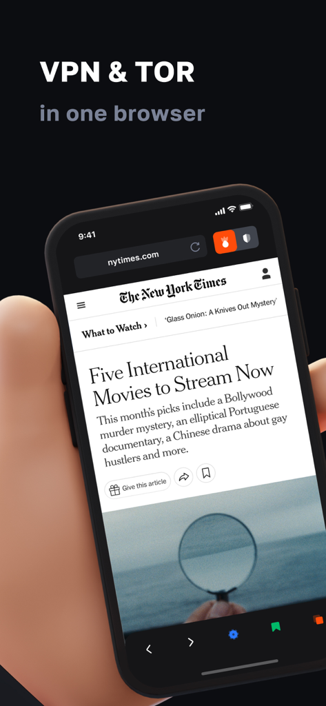 Buddy Onion: Tor Browser & VPN - Aplicación móvil Buddy Onion mostrando una interfaz integrada de navegador VPN y Tor en la pantalla de un smartphone.
