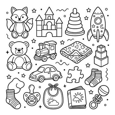 Dive into a charming collection of children's favorite toys and essential baby items, ready for a splash of color. This delightful coloring page provides endless fun and creativity for young artists.