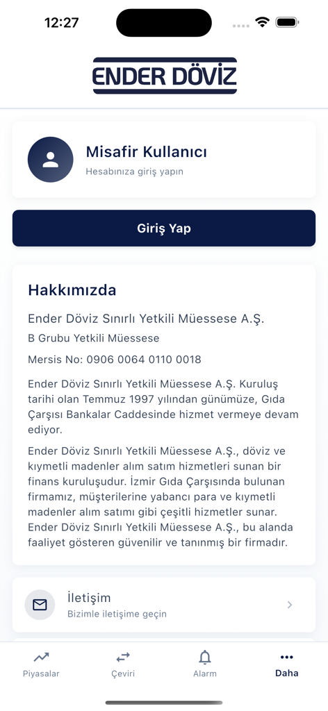 Ender Döviz - La pantalla de perfil y acerca de nosotros de la aplicación móvil Ender Doviz.