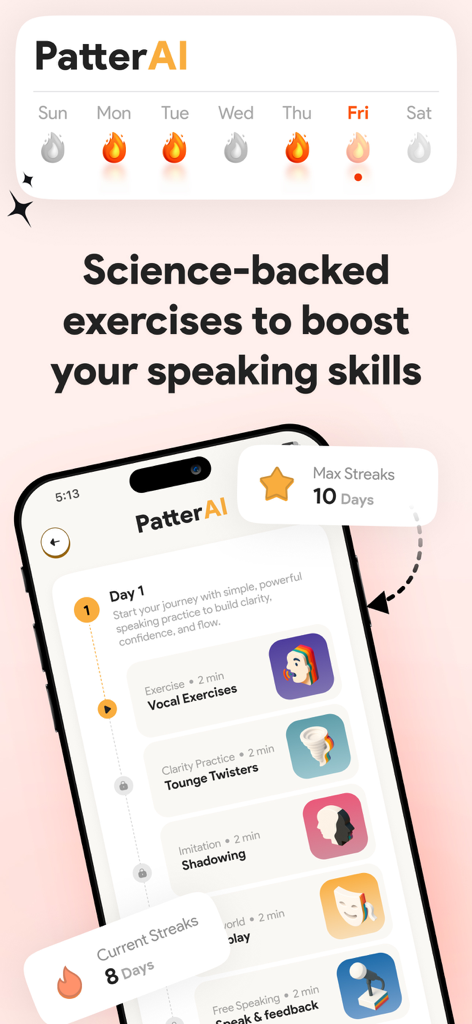 PatterAI app interface showing daily vocal exercises and streak tracking for communication skills