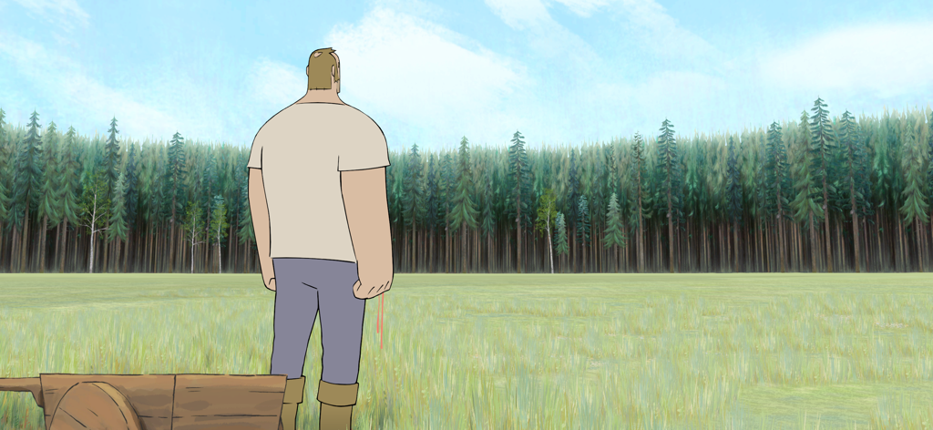 Pine: A Story of Loss - 草むらに立ち、密な松林を見つめる木工職人の手描きのイラスト