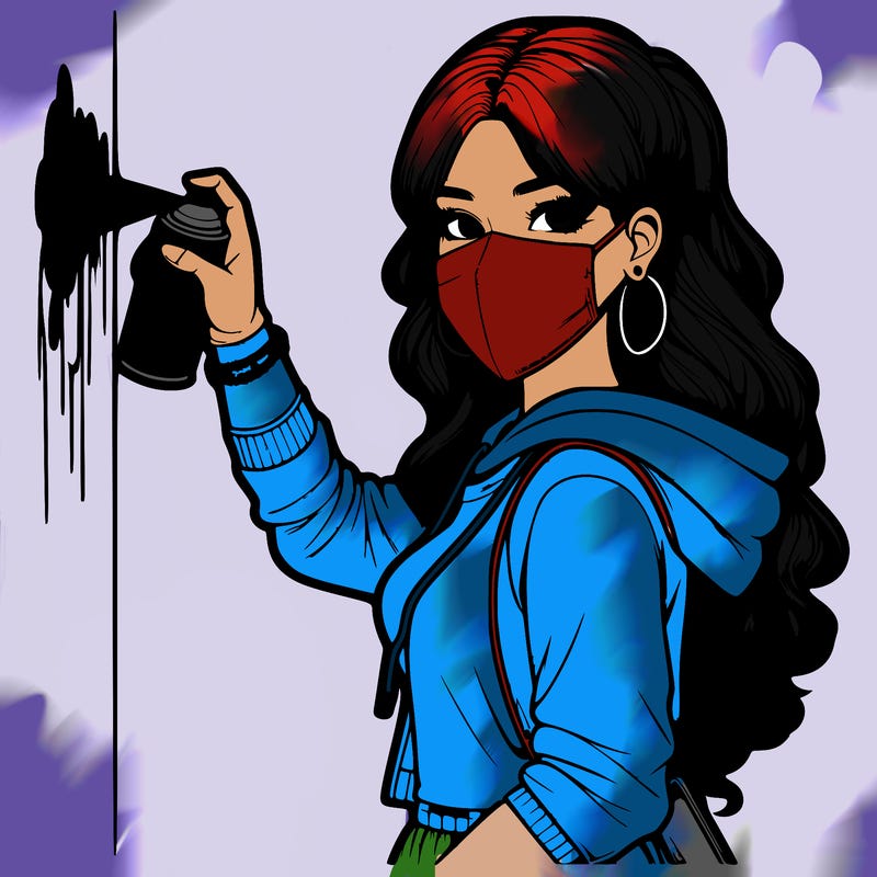 realistic girl with mask spray painting a wall