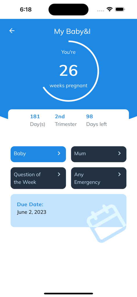 Dashboard of the My Home Clinic app showing a pregnancy progress tracker at 26 weeks
