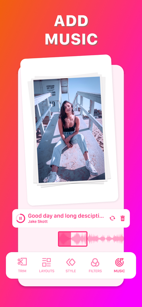 Loop for Boomerang - Loomix - Interface of Loomix app showing music selection and editing for a loop video