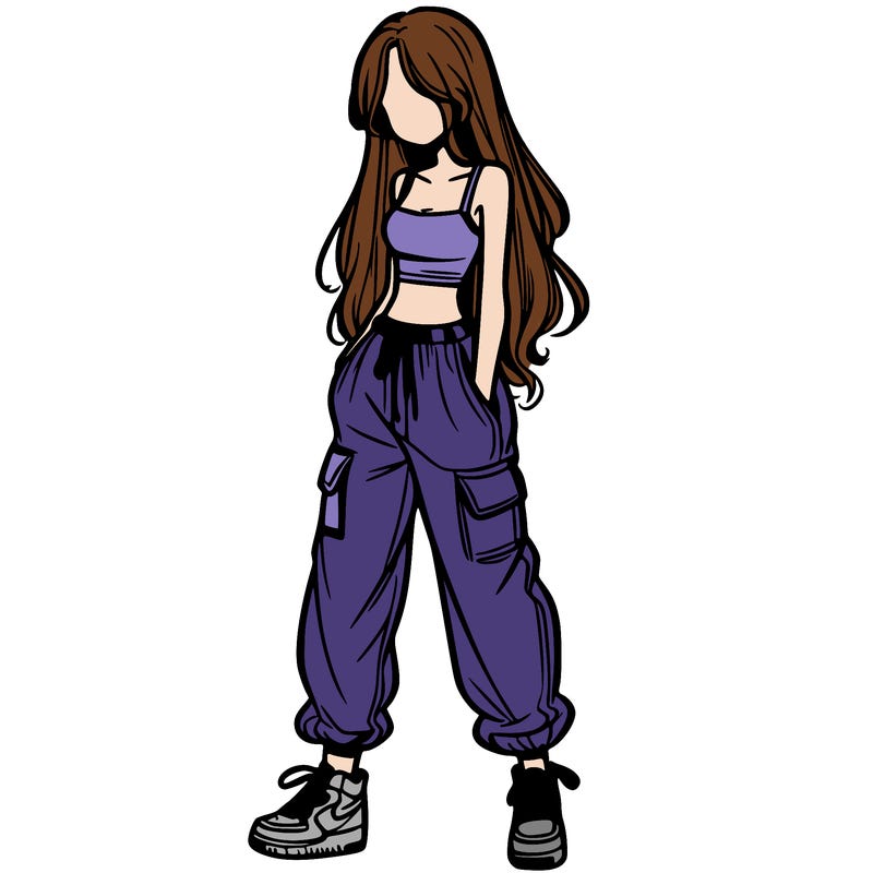 girl in baggy pants crop top and long hair