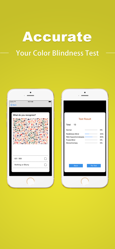 Mobile app interface for color blindness testing and assessment results.