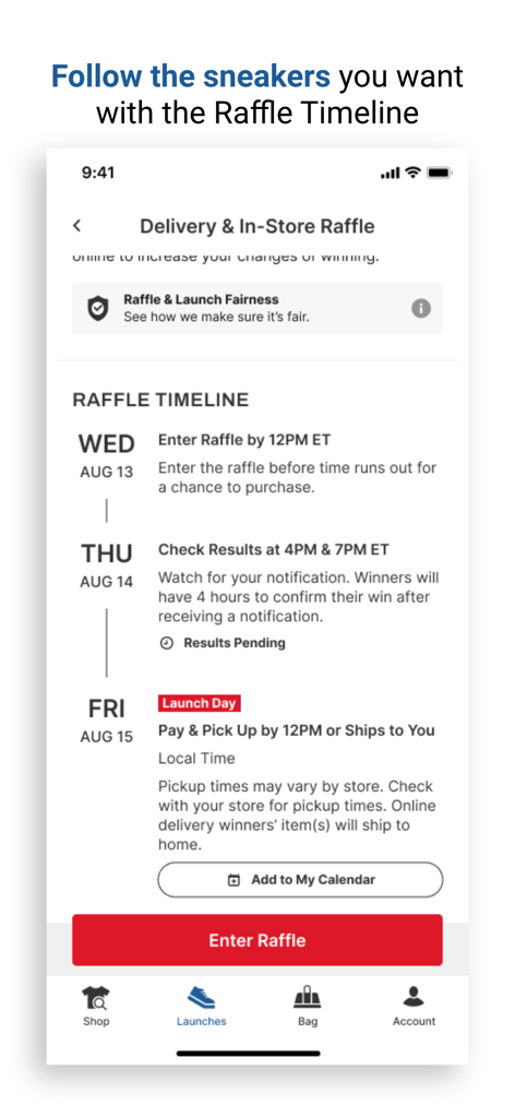 Hibbett - Sneakers & Clothing - Écran de l'application Hibbett montrant une chronologie des tirages au sort de baskets avec les dates de participation et le jour de sortie