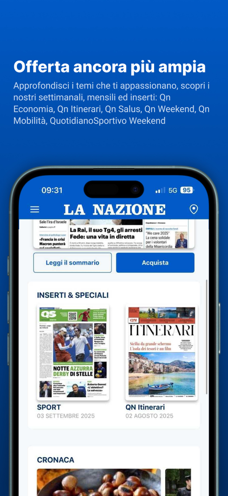 Interface móvel do aplicativo La Nazione exibindo seus vários encartes de jornal e edições especiais como Esporte e QN Itinerari