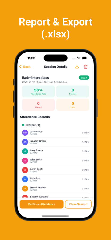 Attendance Tracker Offline - Attendance Tracker Offline app showing session details for a badminton class with statistics and attendee list
