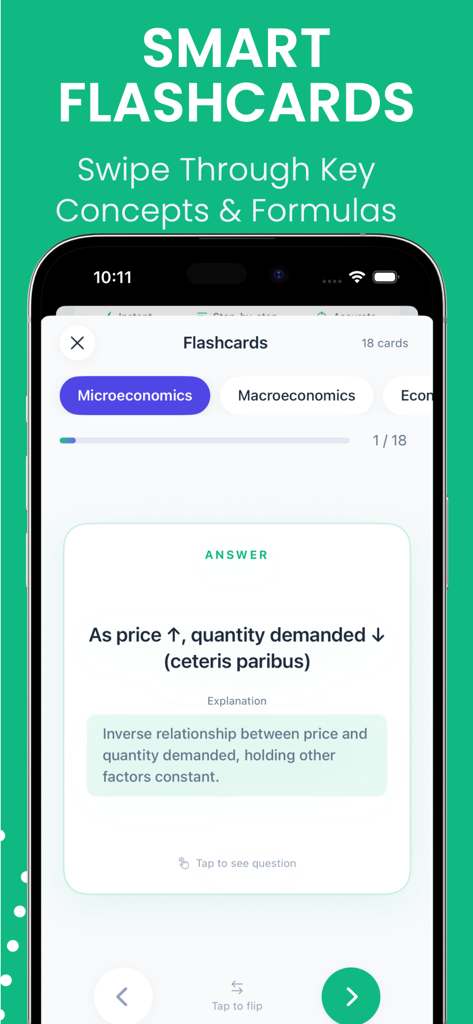 Economics AI: Homework Helper - Economics AI app interface showing smart flashcards for microeconomics concepts and formulas