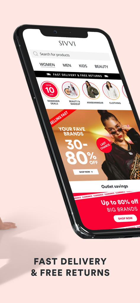 Aplicación de compras de moda SIVVI que muestra banners de descuentos y entrega rápida