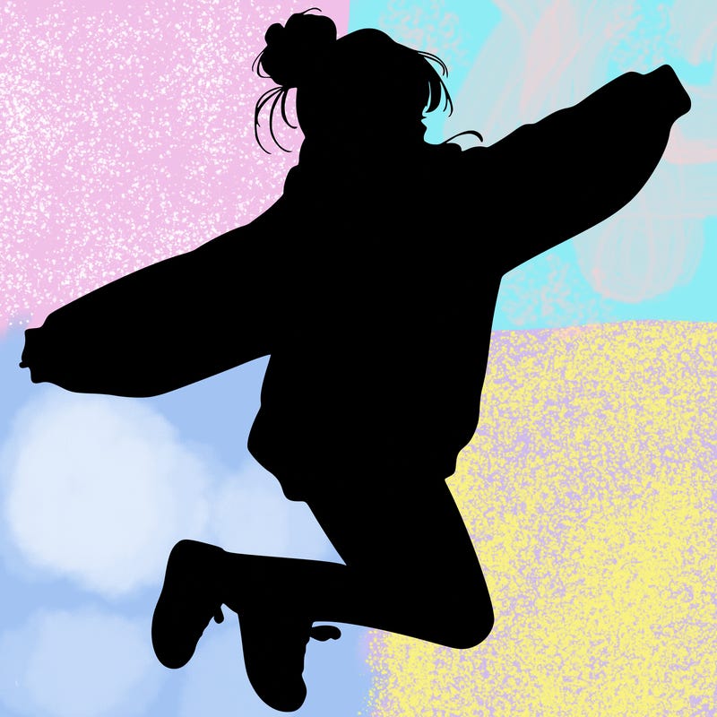 realistic girl jumping with a bun and oversized sweatshirt