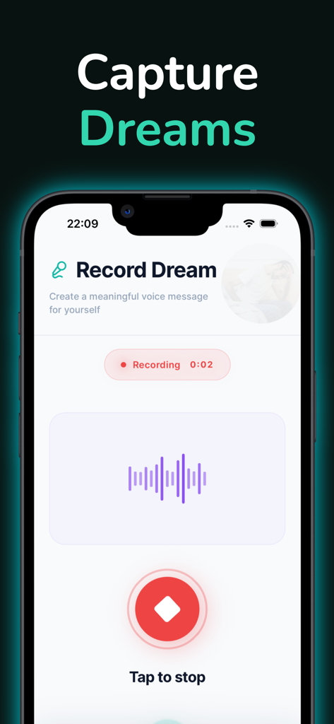 Voice recording screen of the Streameast dream journal app showing a purple waveform and recording timer