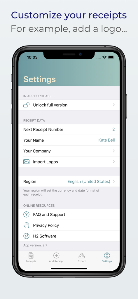 Pantalla de configuración de la aplicación Recibos que muestra opciones para personalizar los datos del recibo, incluyendo el nombre de la empresa y la importación del logotipo