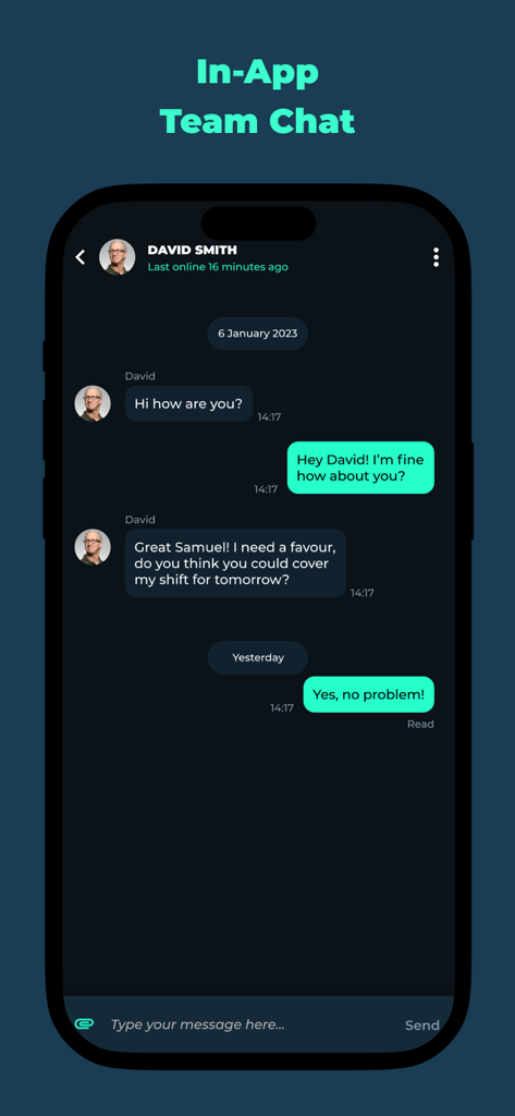 Employee Scheduling by BLEND - 従業員のコミュニケーションとシフト管理のためのアプリ内チームチャットインターフェース。