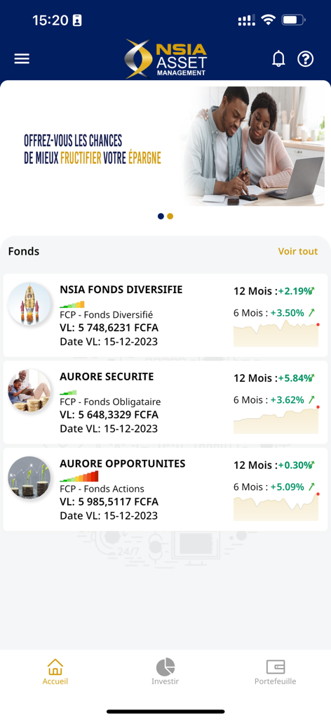 NSIA INVEST - NSIA INVEST app dashboard showing investment fund options and performance statistics