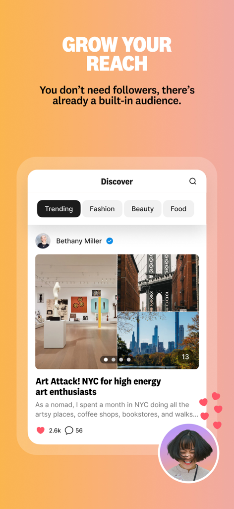 Benable app screenshot showing the Grow Your Reach feature and a curated NYC art recommendation list in the Discover feed.