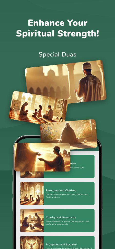 Alim: Islamic Guide, Azan, Dua - Alim app screen displaying various categories of special Duas with religious illustrations