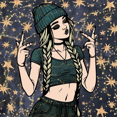realistic teenage girl with braids and a beanie and crop top doing 🫶🏼