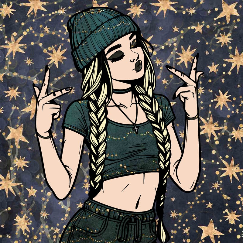 realistic teenage girl with braids and a beanie and crop top doing 🫶🏼