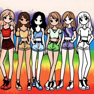 a group of girls wearing crop tops and shorts