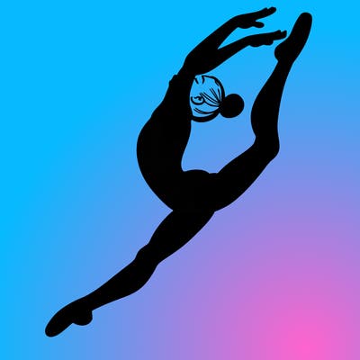 gymnast doing a leap in a leotard with a bent back leg